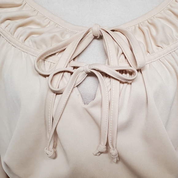 VINTAGE 70s Montgomery Ward Volup Cream Tie-up Belted Long Sleeve Stretchy Dress - Picture 5 of 14